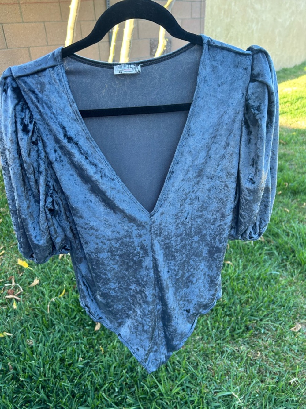 Free People Crushed Velvet V-Neck Puff Sleeve Top - Slate Blue